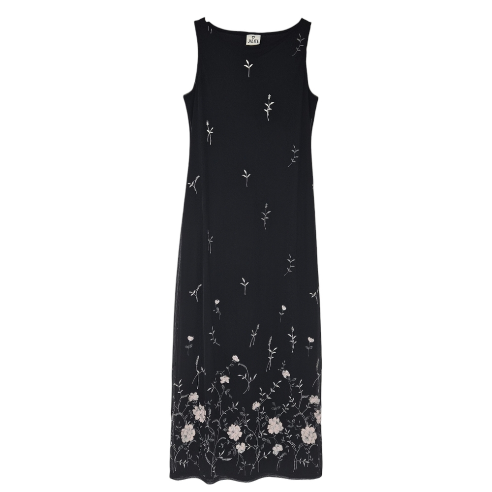 90s VTG  black and silver floral Fairy Grunge Jalate maxi Slip dress‎ SZ Large